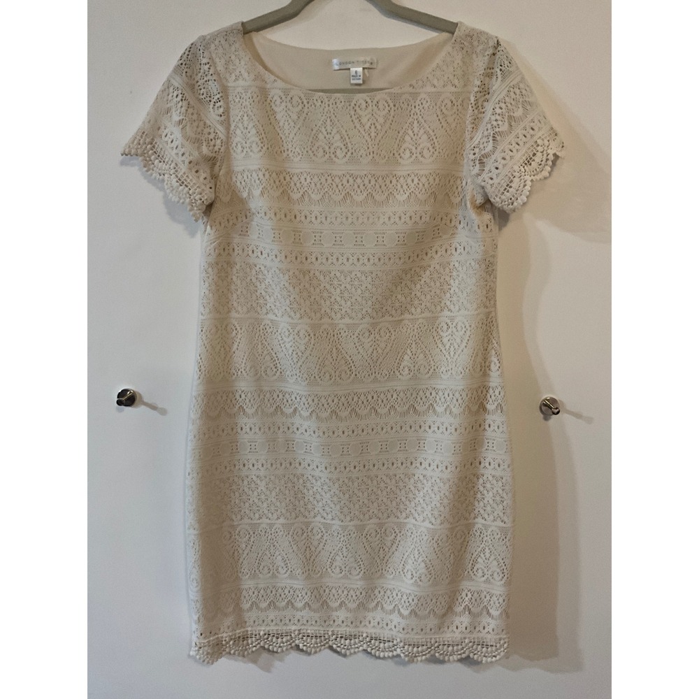 London Times Cream Lace Shift Dress Short Sleeve Crochet Trim Ivory Size 6